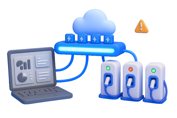 3D illustration showing laptop dashboard connected via cloud to EV charging stations, representing seamless CPMS integration